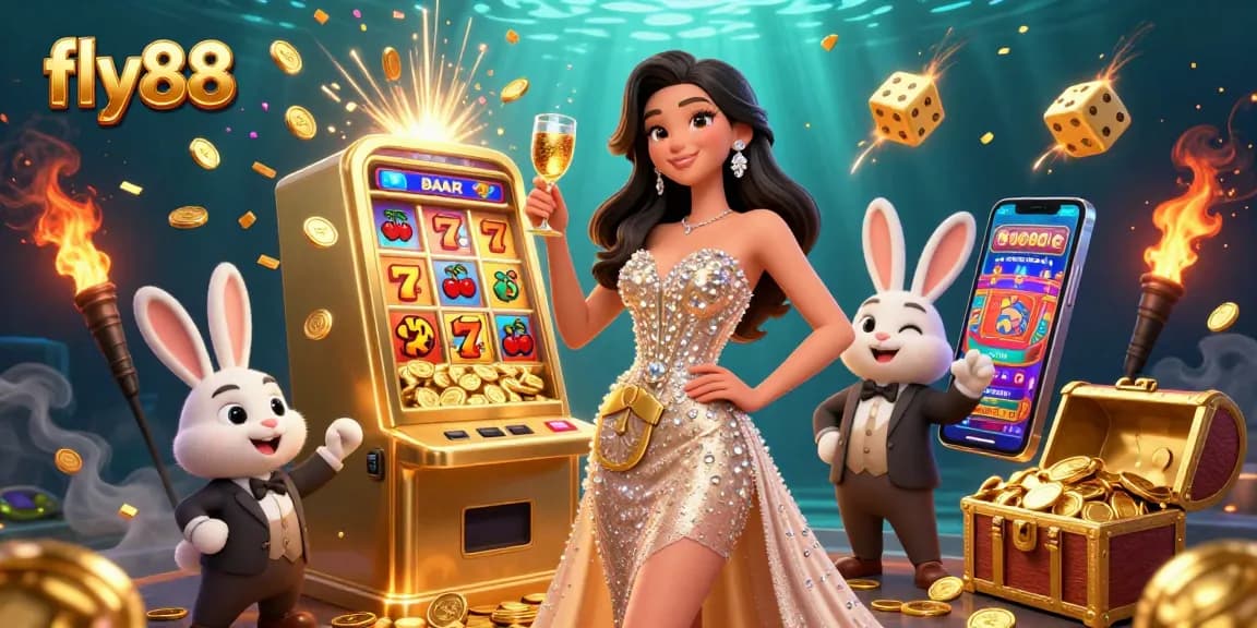 Experience thrills and wins at fly88 with a glamorous 3D casino scene featuring jackpot celebrations.