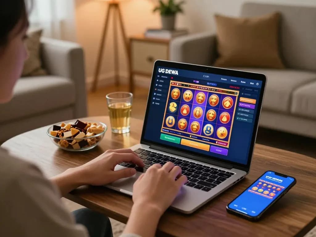 Engaging in online gaming with UG DEWA, showcasing a vibrant slot interface and a relaxing atmosphere.