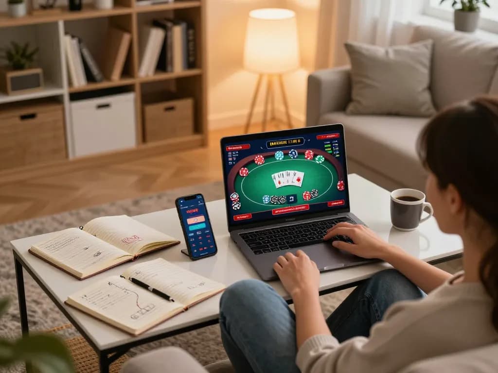 Playing live online poker at home with MPO08 Link visible on laptop screen, showcasing a comfortable gaming setup.