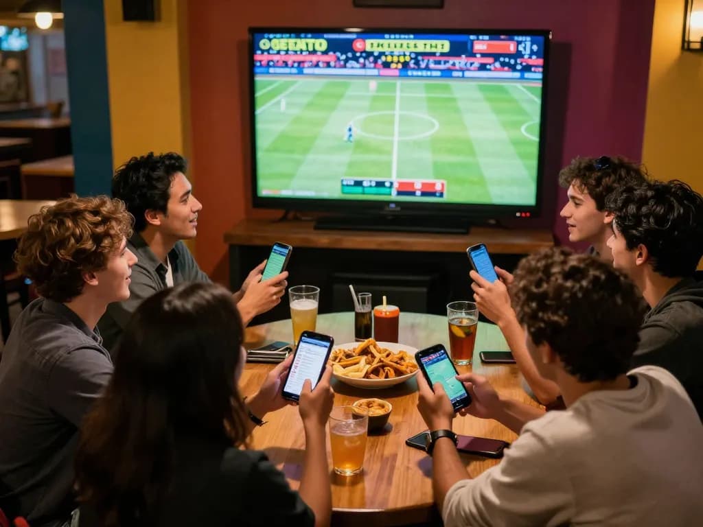 Friends discussing sports betting strategies while watching live game at fabet
