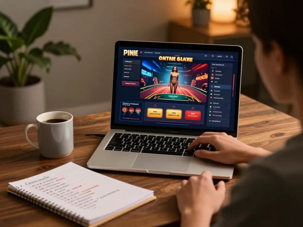 Berinteraksi dengan antarmuka permainan online link deluna4d di laptop stylish, dikelilingi oleh catatan strategi