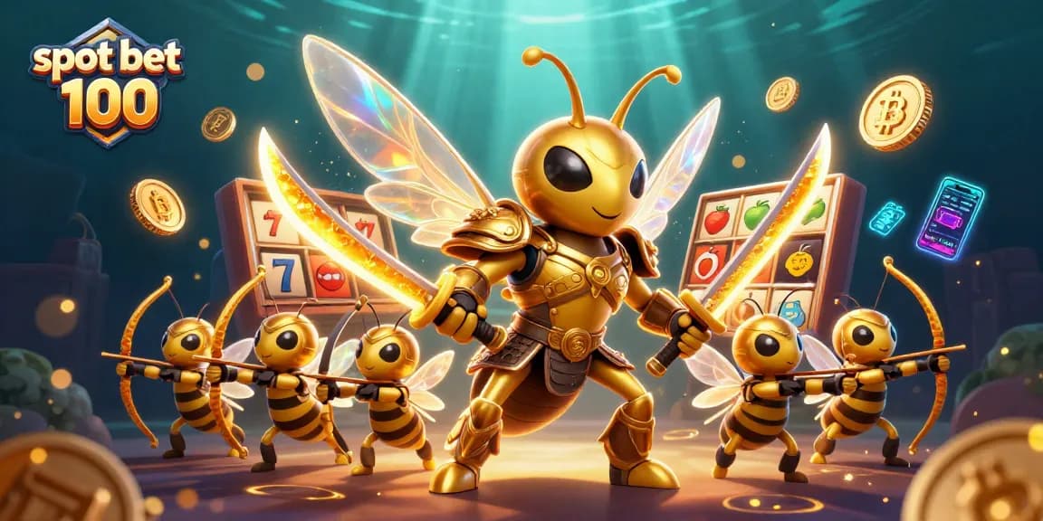 Slot bet 100 menampilkan ilustrasi kasino dengan simbol slot yang berkilau berpusat pada figur unik.