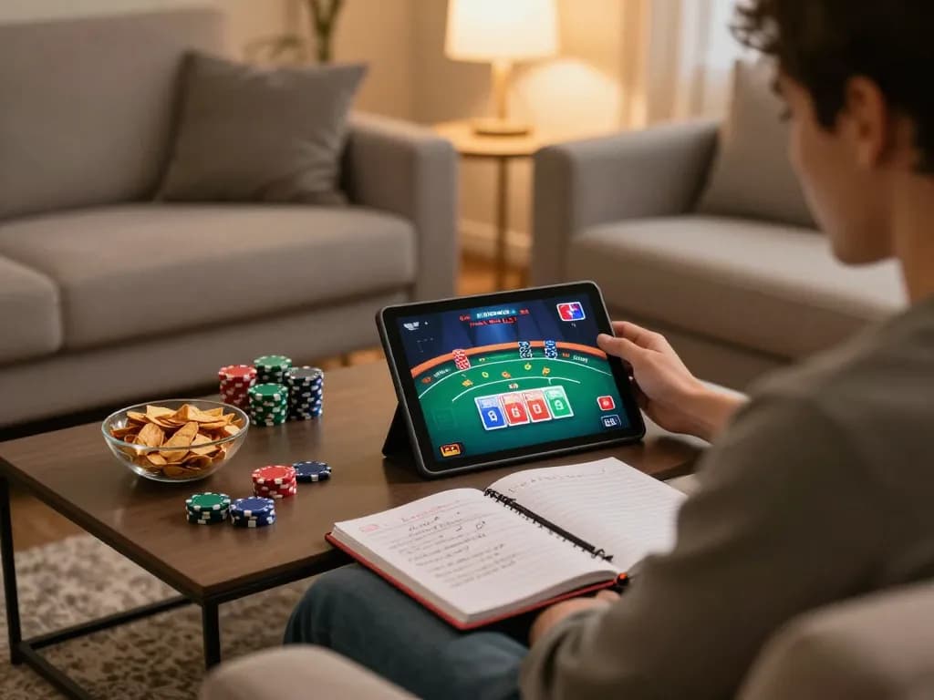 Engaging online gaming scene featuring nego77 while a player enjoys poker on a tablet at home.