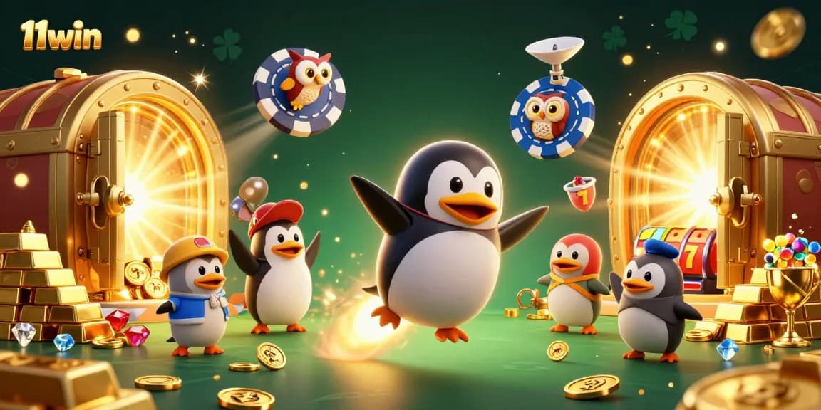 Experience the vibrant world of 11win with a golden penguin racing toward a casino space station.