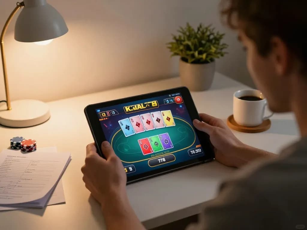 KADAL 778 player strategizing while engaged in online poker game, cozy home atmosphere.