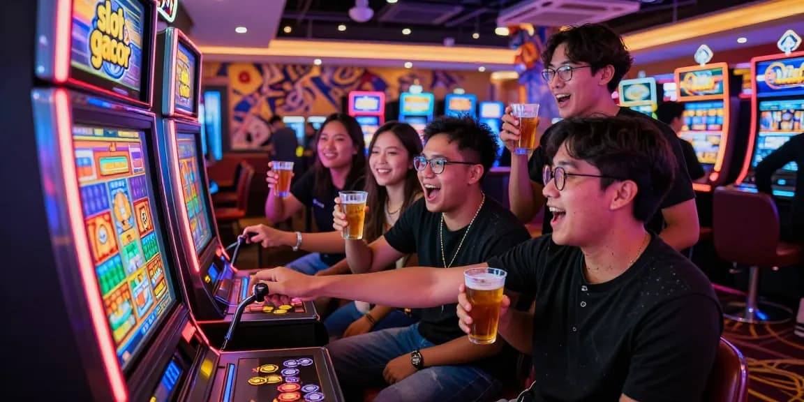 Exciting casino gambling scene with friends celebrating a slot gacor win amidst vibrant lights and atmosphere.