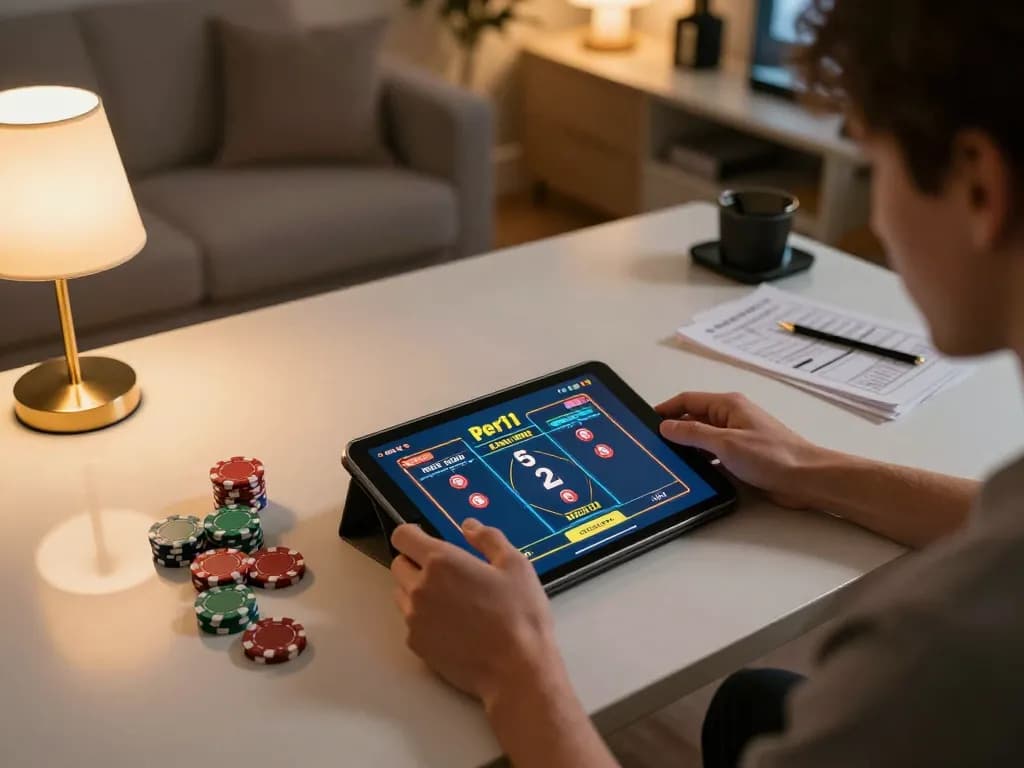 Engaging gameplay experience with peri11 game displayed on tablet in cozy home office setting.