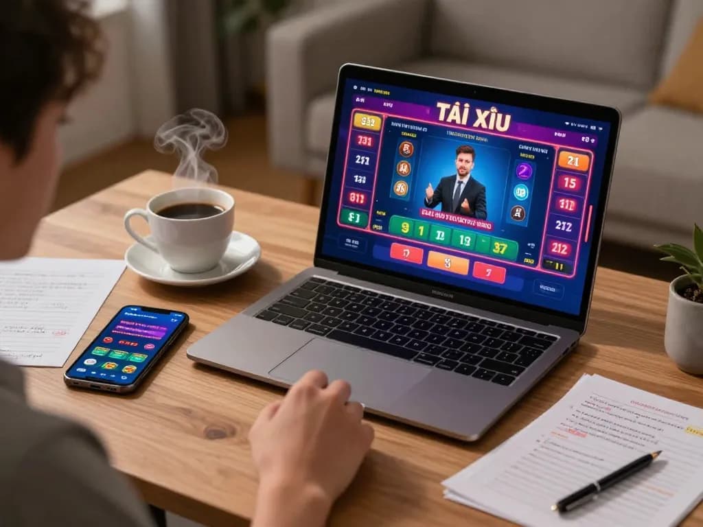Tài Xỉu online session illustrating an engaging home gameplay experience with a laptop and smartphone.
