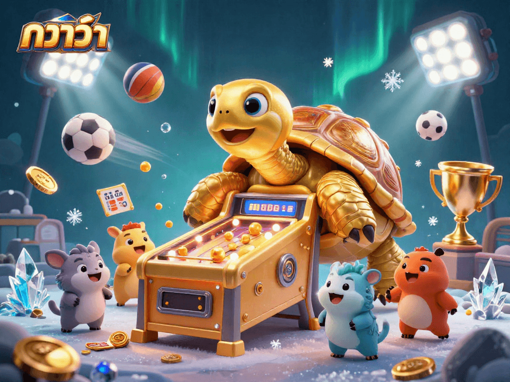 Join the fun of บาคาร่า with an exciting casino scene full of golden elements and sports action.