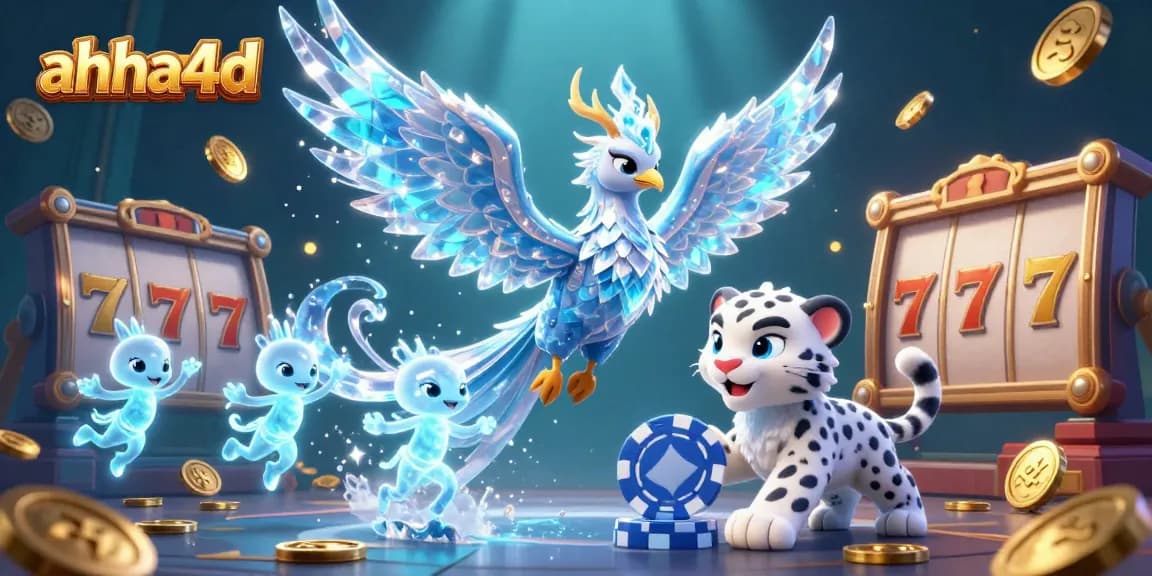 Experience thrilling slot action with ahha4d, showcasing an ice phoenix, poker chip, and vibrant gaming elements.