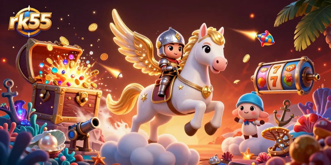 Experience rk55's dynamic gameplay with exciting slot elements, colorful gems, and vibrant characters.