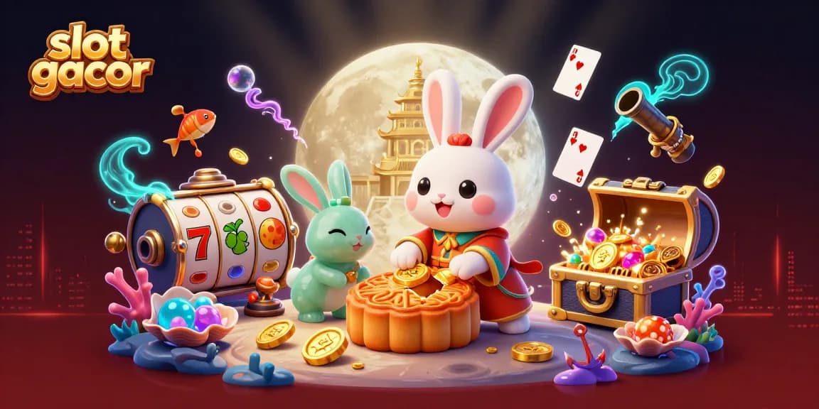 Ilustrasi slot gacor dengan kelinci bulan dan simbol jackpot, memikat bagi penjudi.