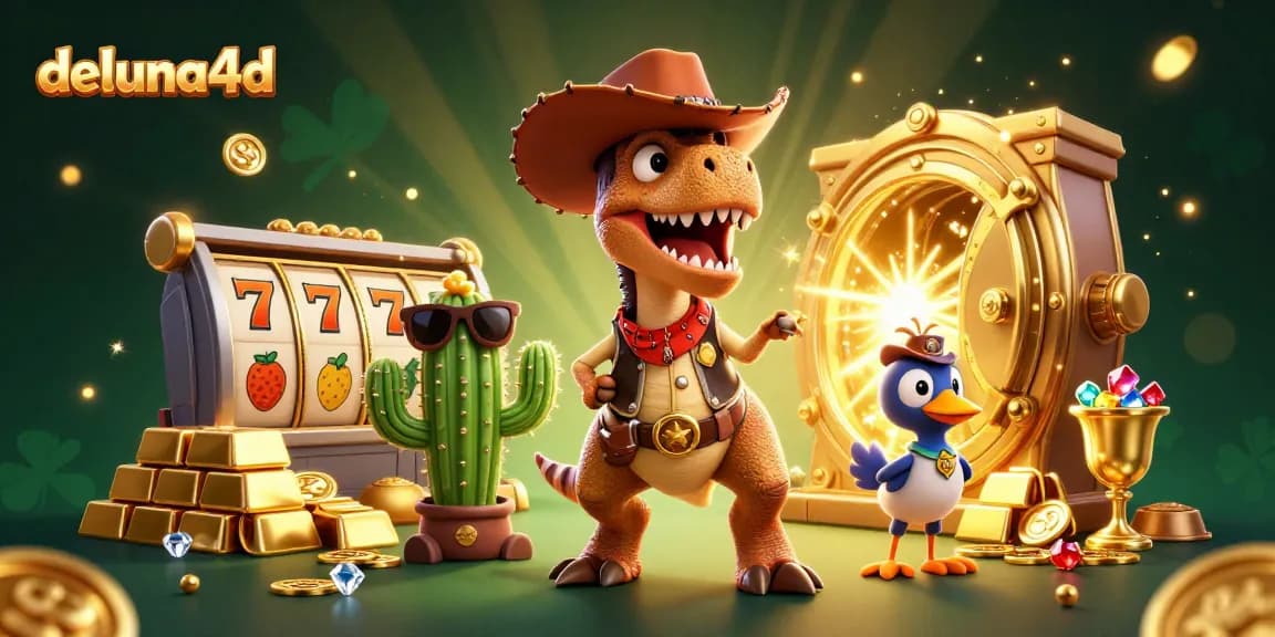 Win big with deluna4d in this jackpot-themed 3D casino illustration featuring vibrant characters.