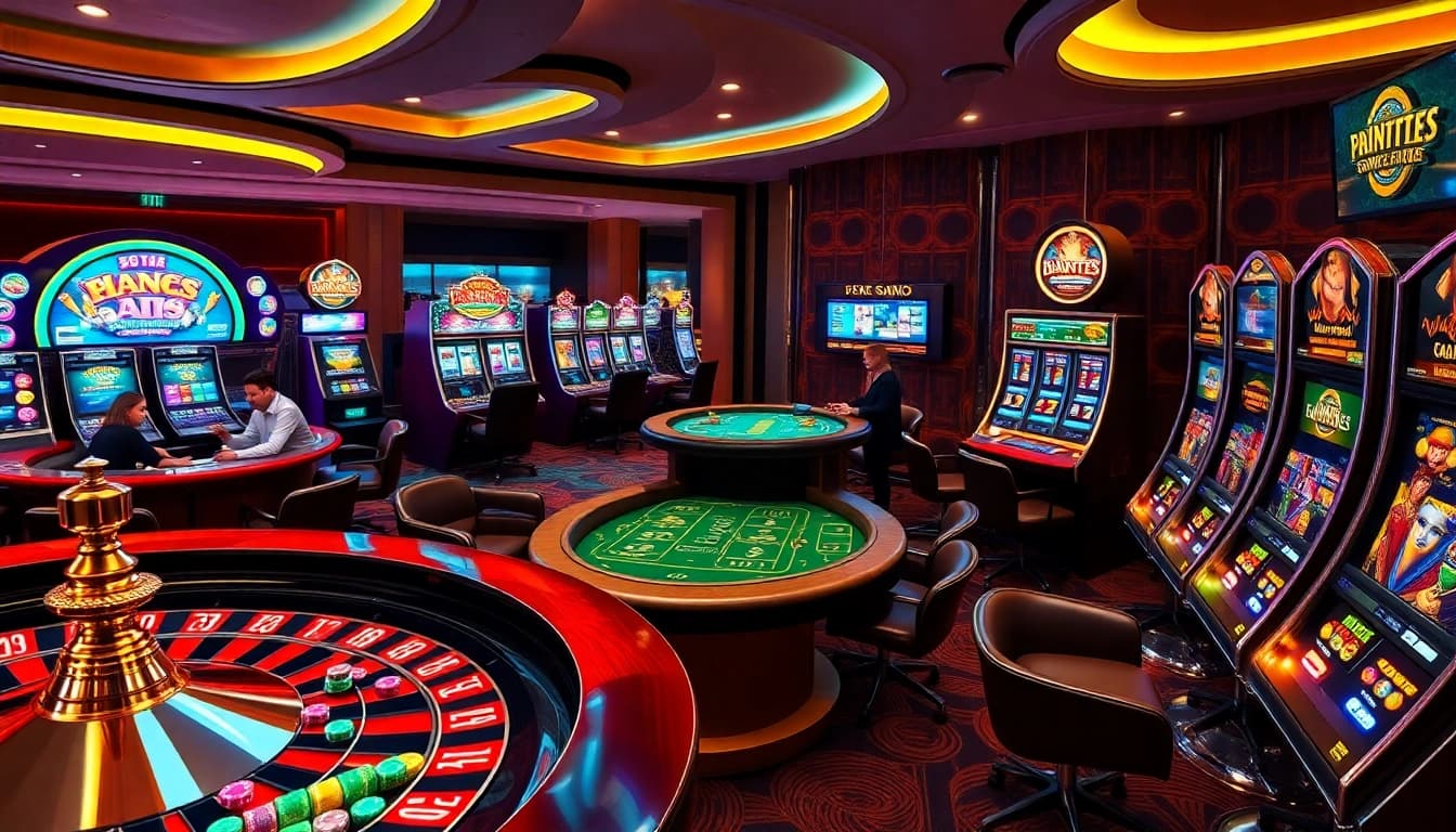 Vibrant online gambling scene at gg88.archi featuring roulette, blackjack, and slot games in a luxurious casino environment.