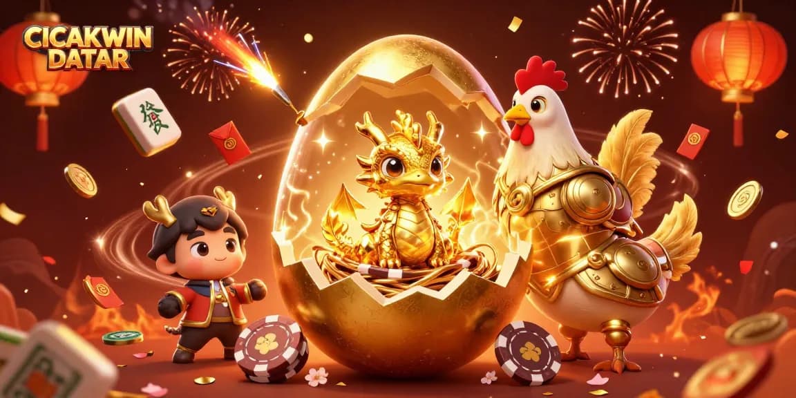 Engage with CICAKWIN DATAR as a golden dragon emerges from a festive gaming scene filled with excitement.