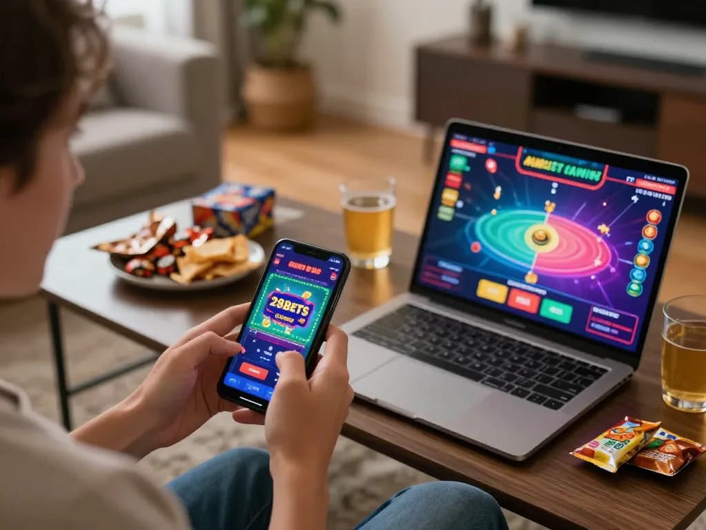 Person enjoying gameplay on the 28bets casino app in a cozy living room setting.