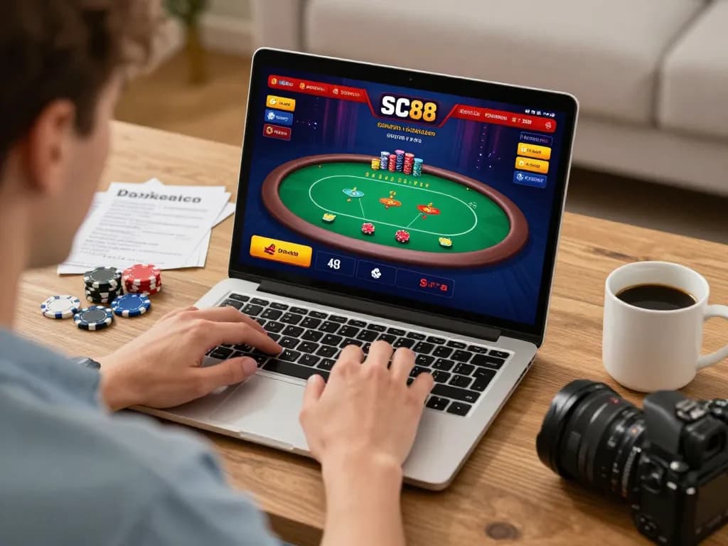 Engaged player enjoying SC88's poker games on a laptop in a cozy home setup.