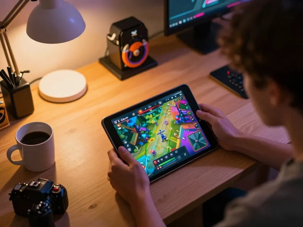 Engaged player strategizing while playing game rikvip on tablet at home desk