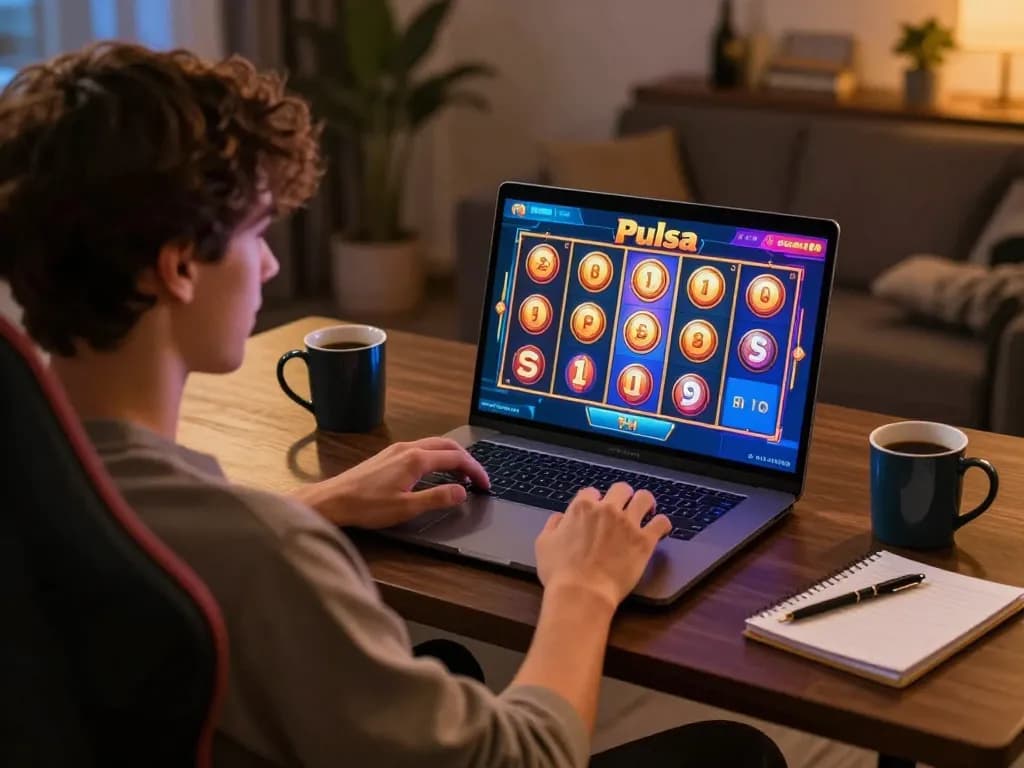 Engaging in thrilling slot pulsa gameplay on a sleek laptop, showcasing excitement and strategy.