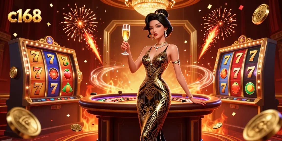 C168 offers thrilling slot gameplay with spinning reels and jackpot symbols under glamorous lights.