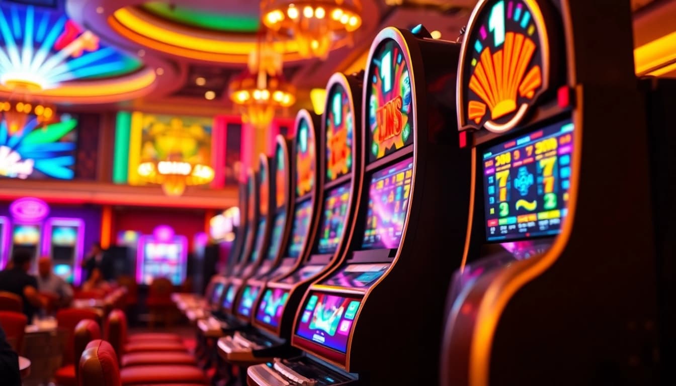 Putaran slot dengan desain menarik di kasino yang meriah dan penuh warna.