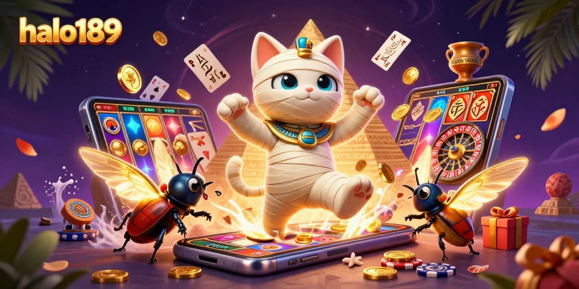 Engage with halo189's dynamic slots experience featuring a vibrant 3D cartoon Egyptian mummy cat and glowing elements.