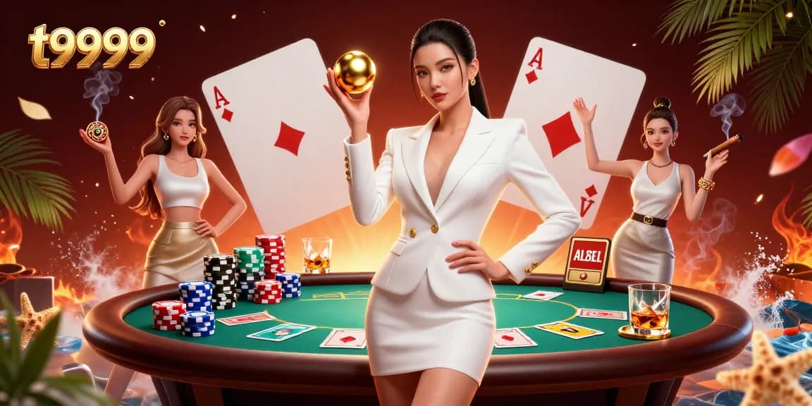 T9999 showcases an elegant Asian woman confidently holding a roulette ball among vibrant casino elements.