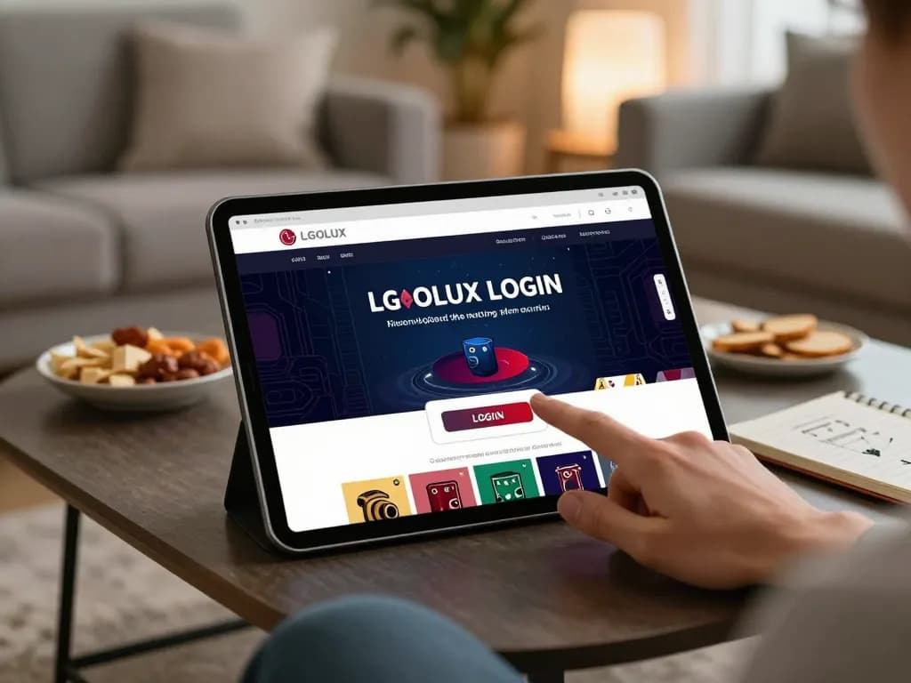 Tap the LGOLUX LOGIN button on a tablet in a stylish home setting while enjoying gaming responsibly.