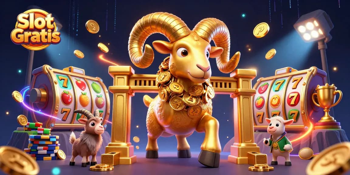 Experience Slot Gratis with a massive golden ram, lively slot reels, and festive gaming elements.