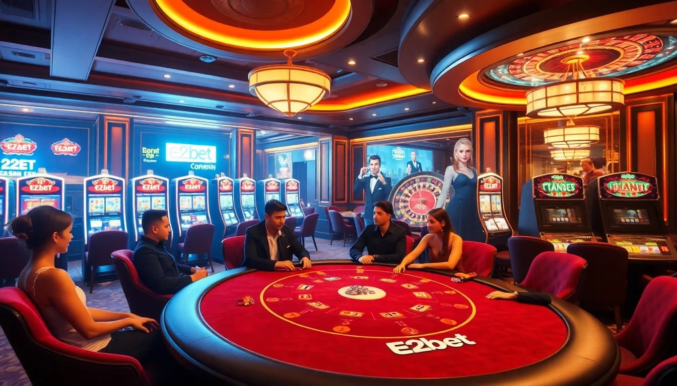 Experience the thrill of E2bet with a luxurious casino atmosphere, featuring poker and slot machines.