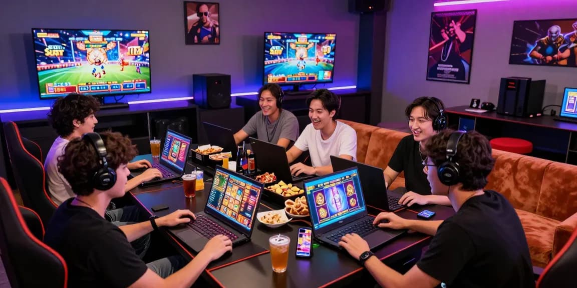 Engaging gaming lounge scene showcasing friends enjoying situs slot games together.
