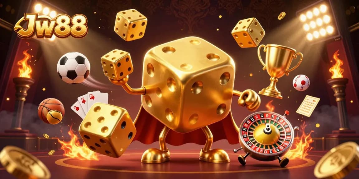 Jw88 celebrates wins with golden dice juggling in a dynamic casino scene filled with sports elements.
