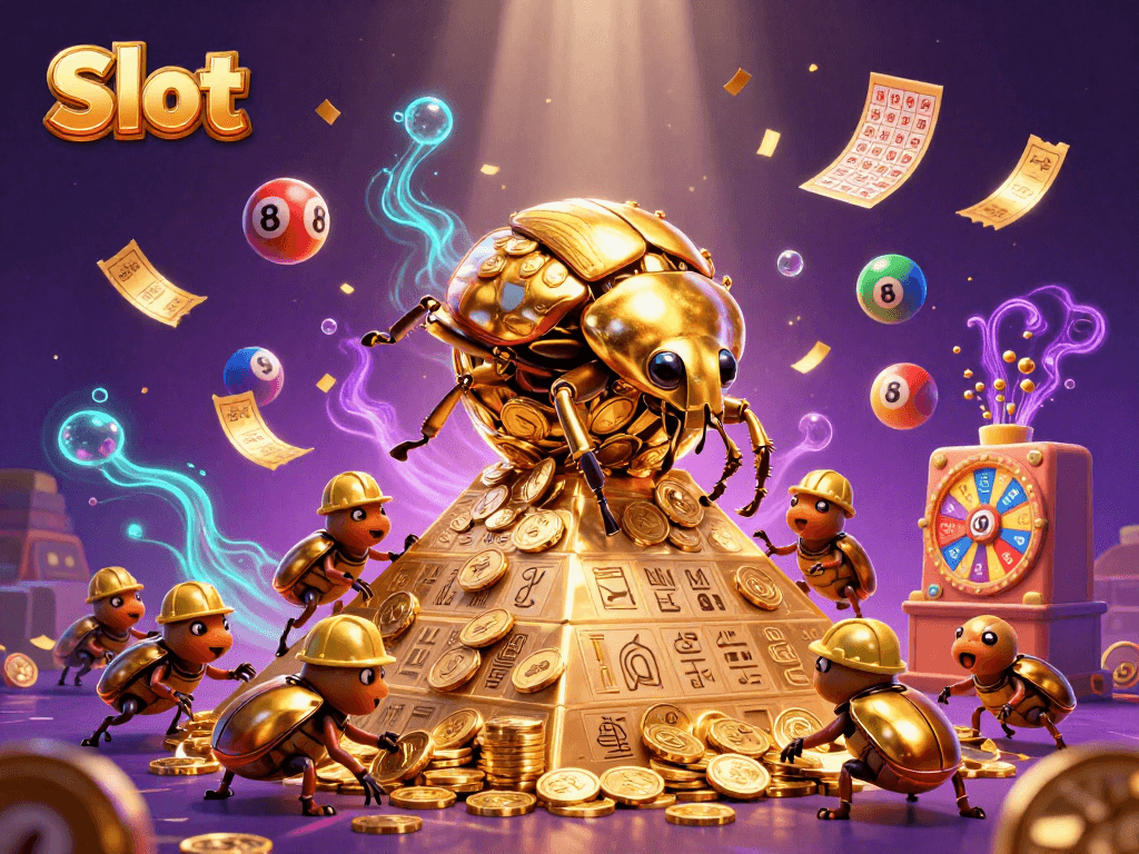 Experience the thrill of Slot gaming with a glowing scene of vibrant characters and casino elements rolling in coins.