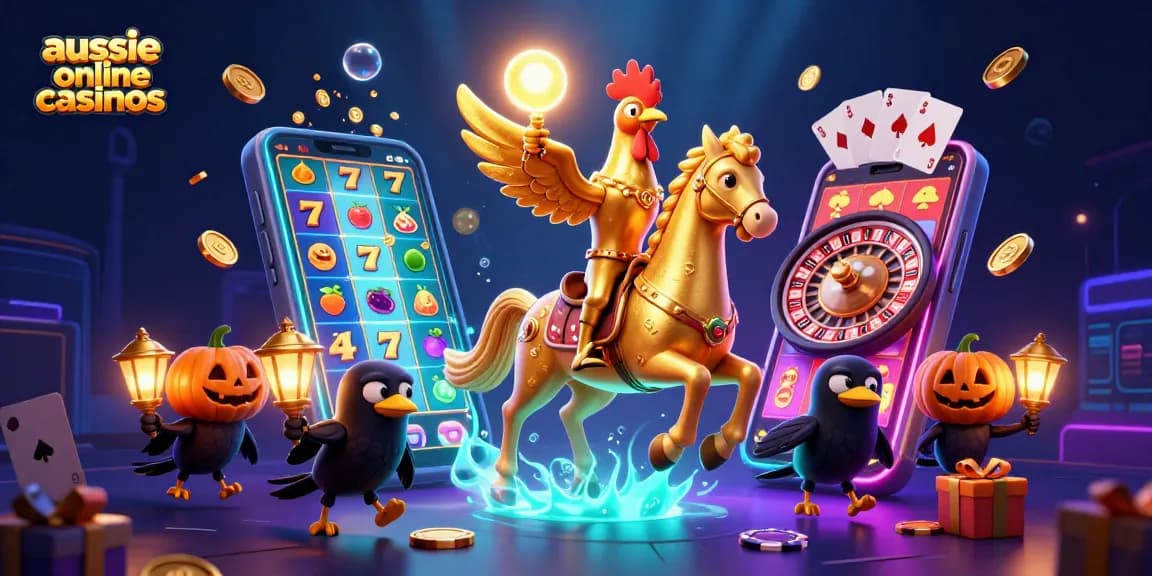 Aussie online casinos showcasing a thrilling midnight casino scene with dynamic gaming elements and enchanting characters.