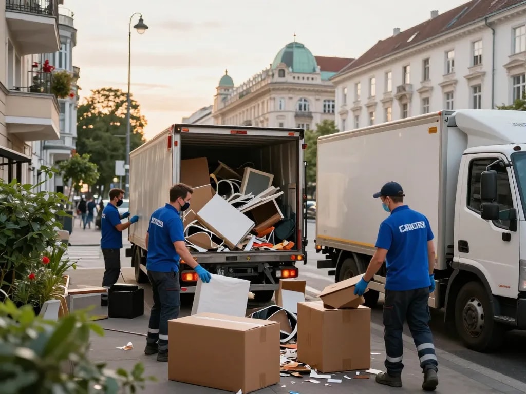 Effiziente Räumung Wien Szene mit einem professionellen Team, das Unordnung aus einer Wohnwohnung beseitigt.
