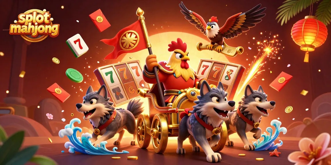 Slot mahjong menampilkan karakter ayam jantan berkendara chariot emas di kasino, penuh warna dan detail.