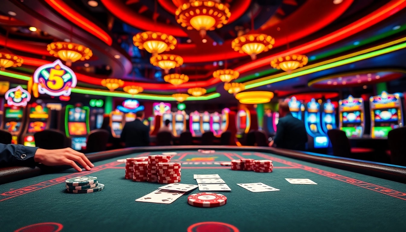 Arus Hoki menghadap meja poker mewah dengan suasana casino yang energik.