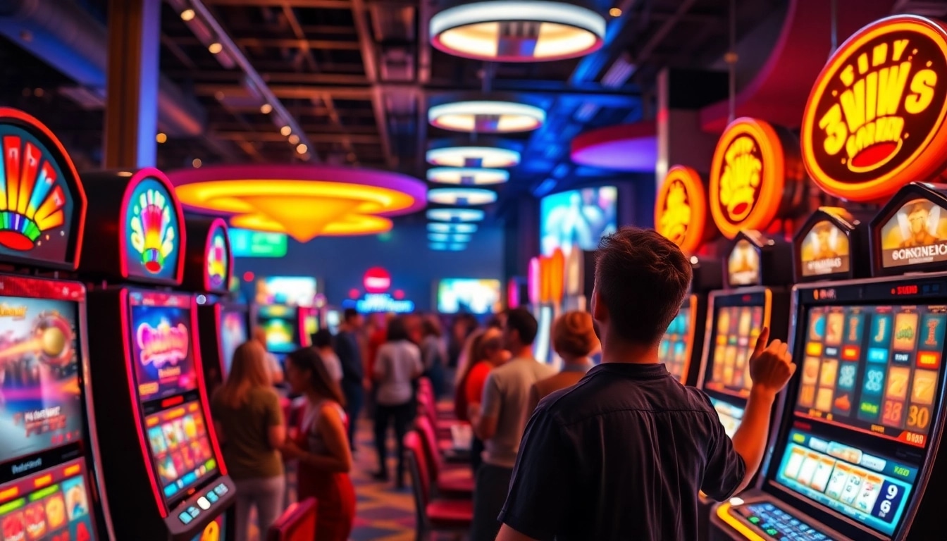 Menang besar di kasino tunai138 saat bermain mesin slot dengan lampu neon yang cerah.