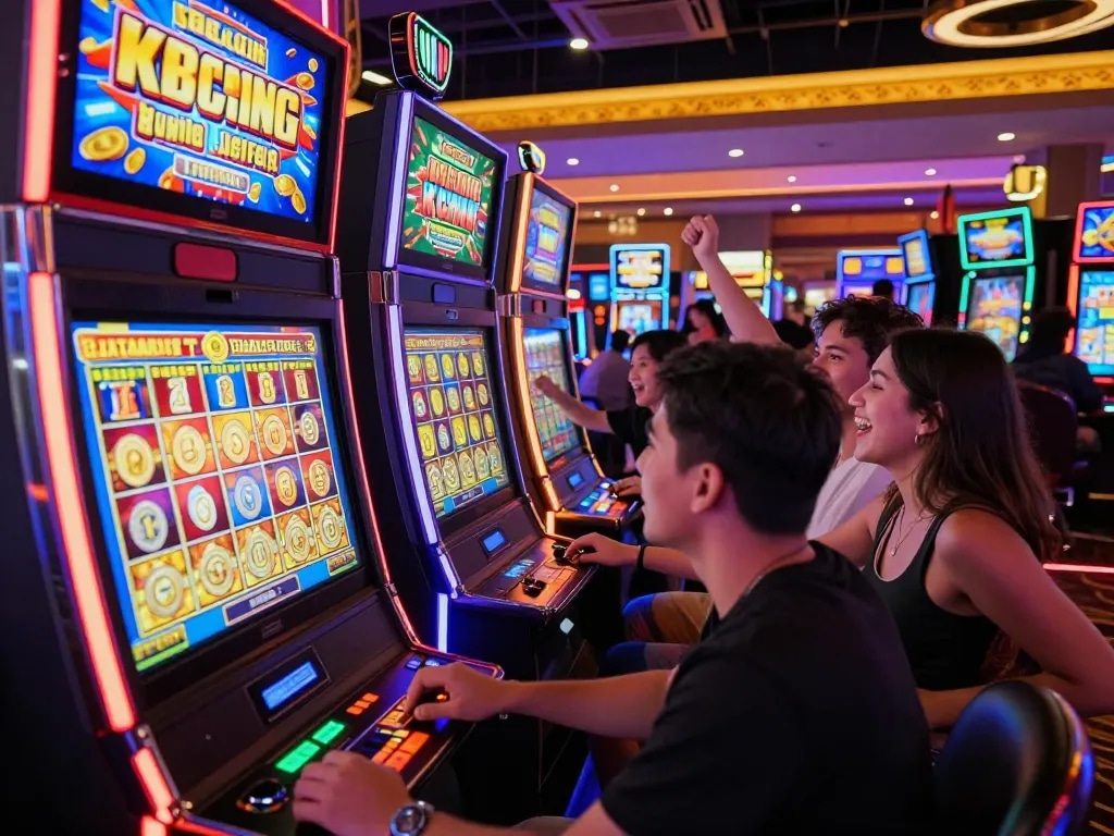 Players enjoying slot gacor machines celebrating wins in a vibrant casino setting.