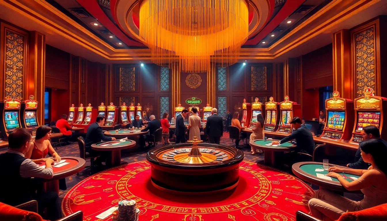 Experience the excitement of gambling at the trang chủ MMOO, featuring vibrant tables and luxurious decor.