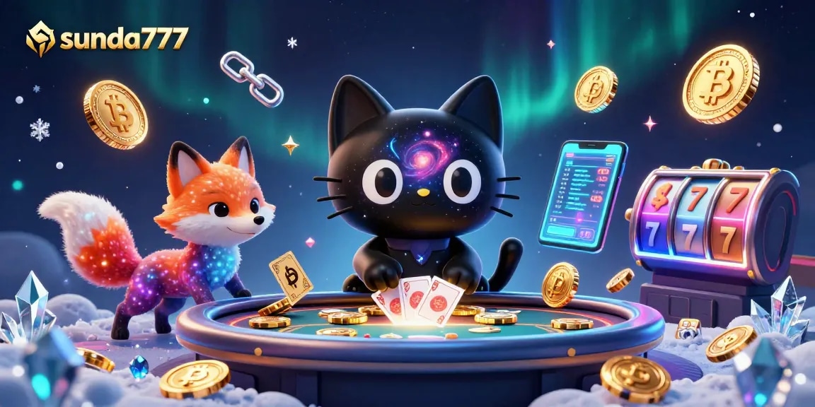 Sunda777 menghadirkan kucing hitam 3D bertema kasino, menarik chip emas dan kartu di tengah suasana angkasa.
