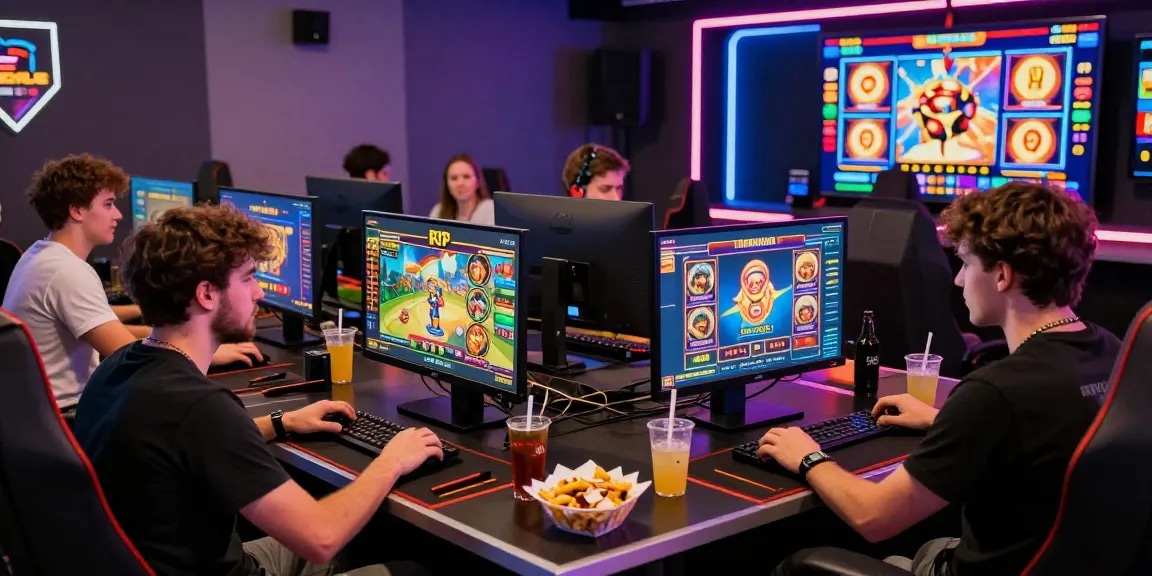 Pengalaman bermain slot online nagahitam303 dengan pemain fokus pada permainan, grafik warna-warni, dan suasana studio permainan yang modern.