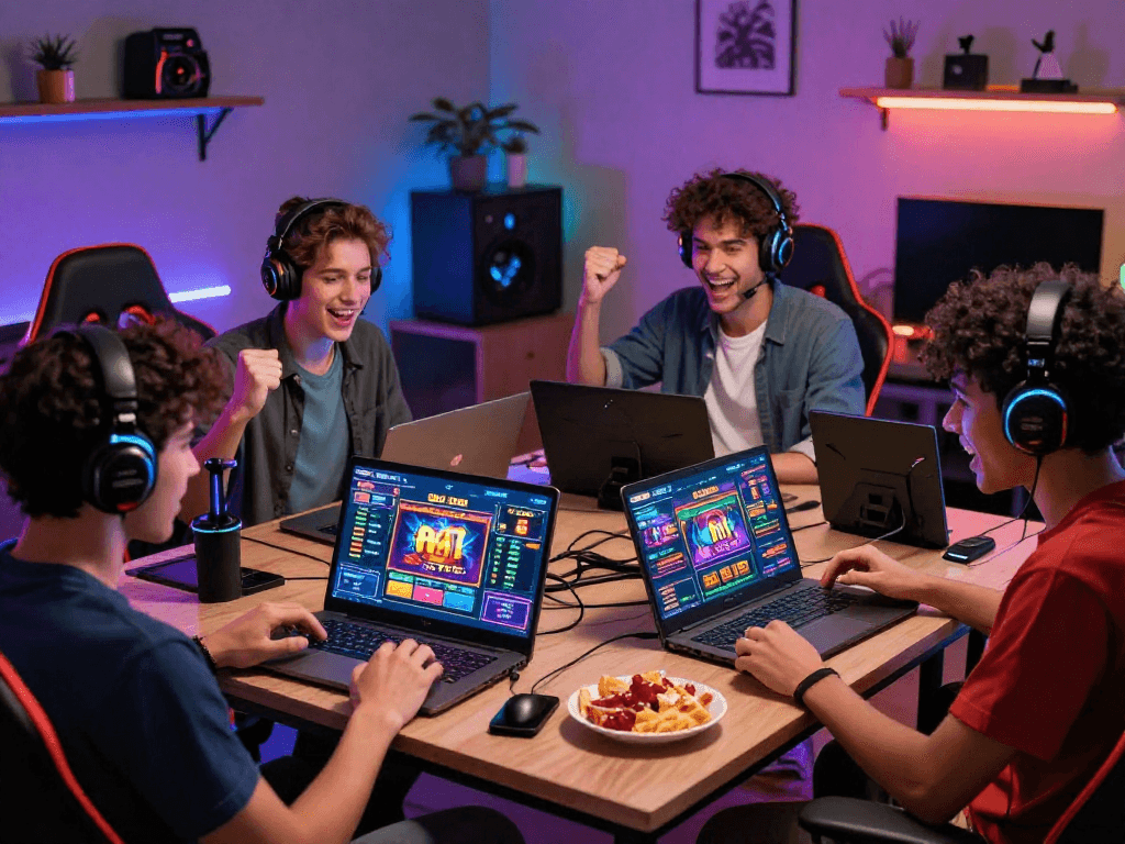 Engaged players enjoying situs slot gacor in a vibrant gaming lounge showcasing RTP information.