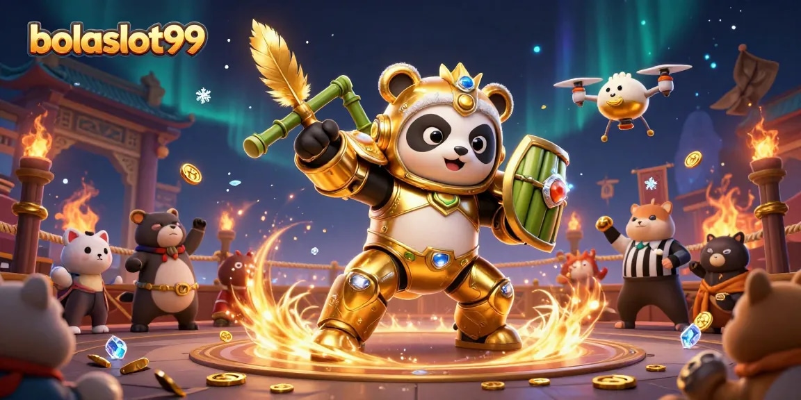 Experience thrilling action with bolaslot99 as a golden panda battles in a vibrant arena.