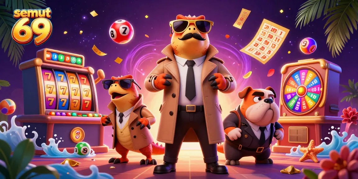 Slot jackpot menarik semut 69 dengan raptor dan bulldog bouncer di latar belakang kasino.