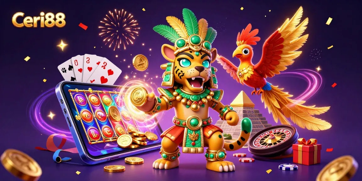 Menyajikan momen mendebarkan di Ceri88 dengan jaguar priyayi dan burung quetzal, dikelilingi slot game dan koin emas.