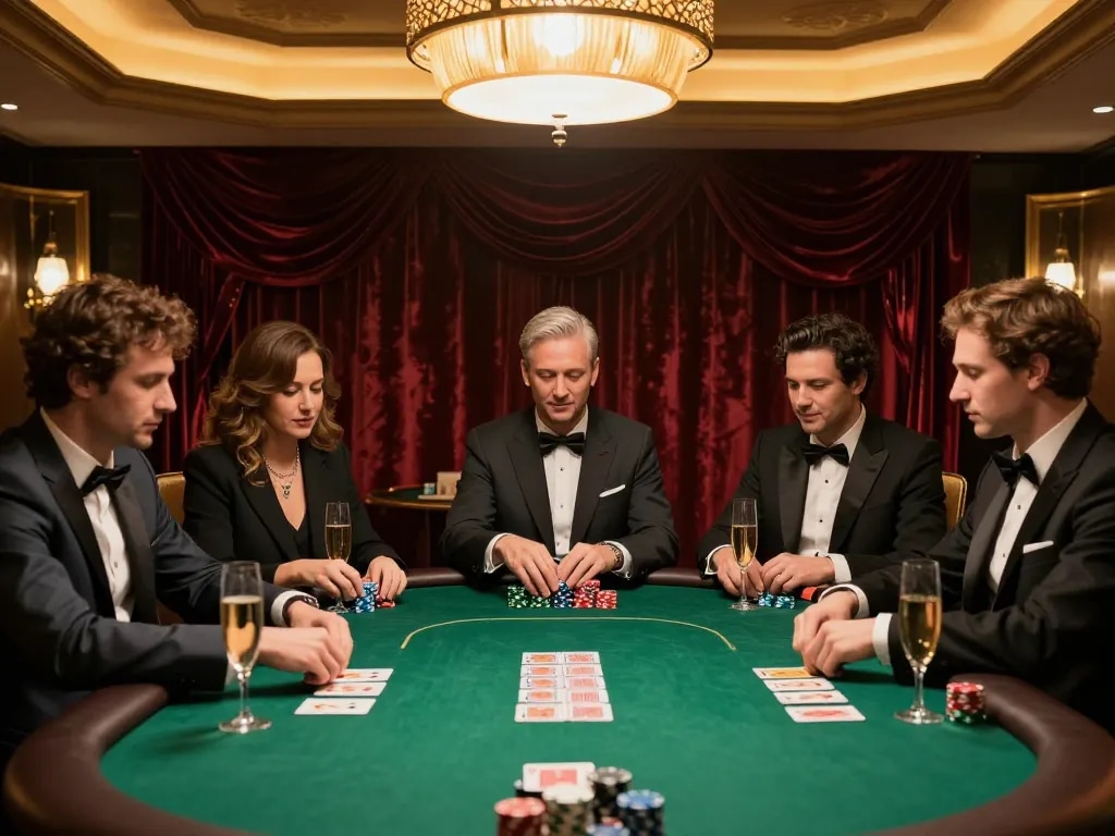 qq alfa poker players celebrating a win in an upscale game room setting surrounded by luxurious décor