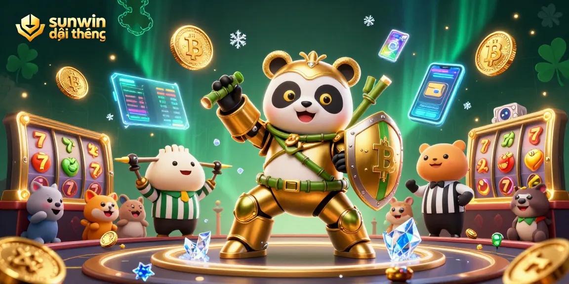Engage in thrilling gameplay at sunwin đổi thưởng with a golden panda in a vibrant casino arena.