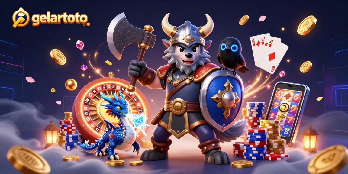 Engage with gelartoto in an exciting 3D casino scene featuring a Viking wolf warrior, dragon, and dynamic casino elements.