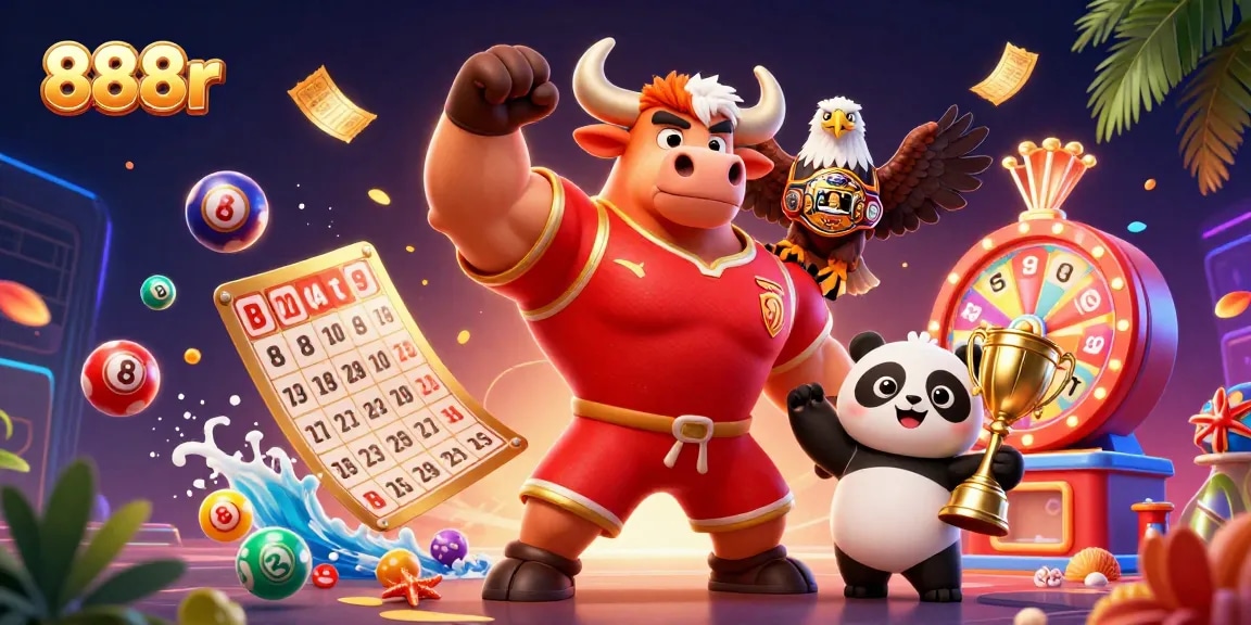 Win big with 888r through inviting dynamic gameplay and festive elements, showcasing a victorious mascot scene.